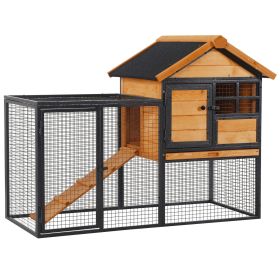 2-Level Rabbit Hutch Bunny Cage, Elevated Pet House with Weatherproof Hinged Asphalt Roof, Removable Tray & Ramp for Outdoor, Natural