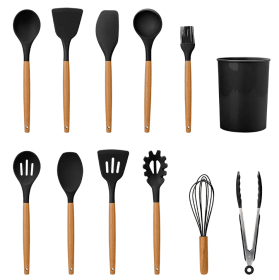 11Pcs Silicone Cooking Utensil Set Heat Resist Wooden Handle Silicone Spatula Turner Ladle Spaghetti Server Tongs (Option: Black)
