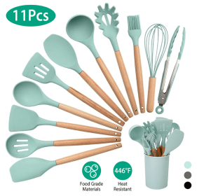 11Pcs Silicone Cooking Utensil Set Heat Resist Wooden Handle Silicone Spatula Turner Ladle Spaghetti Server Tongs (Option: LightGreen)