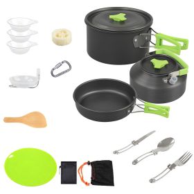 16Pcs Camping Cooking Ware Set Camping Stove Cookware Kit Aluminum Pot Pan Kettle Set With Bowls Knife Fork Spoon Carabiner Spatula Cutting Board (Option: Green)