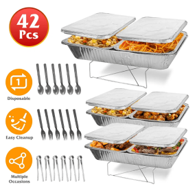 Set Of 42Pcs Disposable Chafing Dish Buffet Set Chafing Servers With Covers Spoons Forks Tongs Full-Size Pans Food Warmers For Parties Events Cat (Option: 42PcsSet)