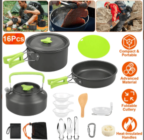 Set Of 16Pcs Camping Cooking Ware Camping Stove Cookware Kit Aluminum Kettle With Bowls Knife Fork Spoon Carabiner Spatula Cutting Board For Hiki (Option: CookwareSet)