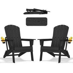 HDPE Folding Adirondack chair with Cup Holder, 2Pack (Color: Black)