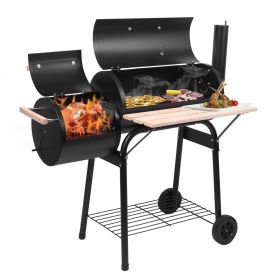 44*25*44 inches large capacity oil drum shaped double oven outdoor charcoal grill painted stainless steel with chimney portable windproof camping (Color: Black)
