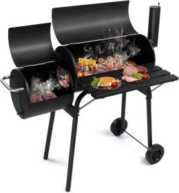 44*25*44 inches large capacity oil drum shaped double oven outdoor charcoal grill painted stainless steel with chimney portable windproof camping (Color: 2-Black)